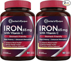 Doctor's Recipes Iron Supplement 65 mg with Vitamin C - Maximized Absorption & Stomach Friendly Iron Pills for Red Blood Cells Formation, Heart, Brain & Immunity Health - Vegan 120 Iron Tabs (2 Pack)