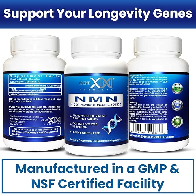Genex Formulas NMN Supplement 250mg (3 Pack) - 99% Pure Shelf Stabilized Capsules for Increasing NAD Levels, DNA Repair, & Healthy Aging, GMP Certified, 90 Day Supply