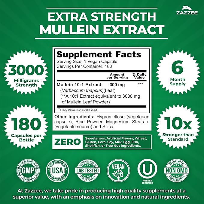 Zazzee Extra Strength Mullein Leaf 10:1 Extract, 180 Vegan Capsules, 6 Month Supply, Verbascum Thapsus, Respiratory & Lung Support, Certified Kosher, 100% Pure Leaf Powder, Non-GMO, Made in the USA