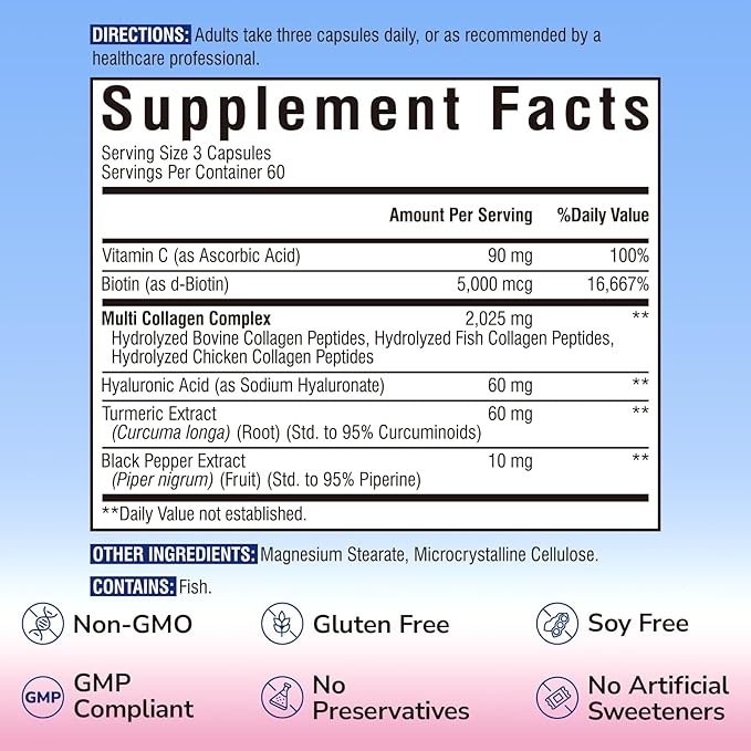 Vitalibre Multi Collagen Peptides, Hydrolyzed, Type I, II, III, Vitamin C, Biotin, Hyaluronic Acid, Turmeric & Black Pepper, Skin, Hair, Nail & Mobility Support, Non-GMO, 180 Caps