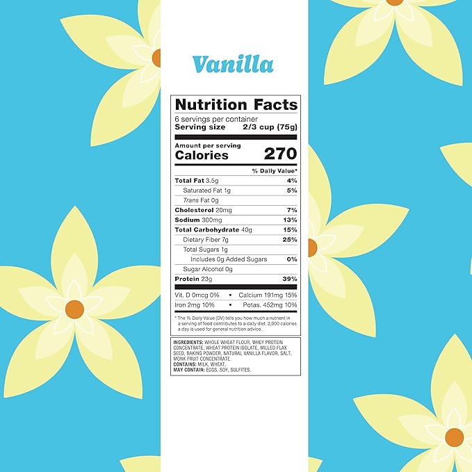 Flourish Protein Pancake & Waffle Mix, with Whey Protein & Flax Seed, No Added Sugar, High in Protein & Fiber - Just Add Water - Vanilla Flavour, 430g (2 Pack) - Made in Canada