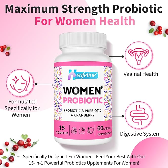 Vaginal Probiotics for Women, 300 Billion CFUs Probiotics for Women, 15-in-1 Womens Probiotic & Prebiotics, for Vaginal, Urinary Tract, PH Balance, Immune, Digestive & Gut, Bloating Health, 60 Caps