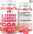 L-Lysine 1000mg Gummies for Immune Support & Skin Health - Vegan, Gluten Free Amino Acid Supplement for Adults, Raspberry Flavor, 60 Gummies