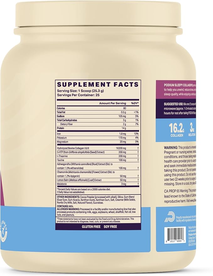 Podium Nutrition, Sleepy Collagen with Melatonin, Hot Chocolate, 25 Servings, Collagen Protein, Gluten Free, Soy Free