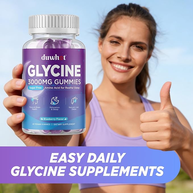 duwhot Glycine Gummies, 3g(3000 mg) Glycine Supplements for Sleep, Detox, Relax, Nerve Support, Blueberry Flavor, Sugar-Free, Vegan, Non-GMO, Gluten-Free, 60 Ct.
