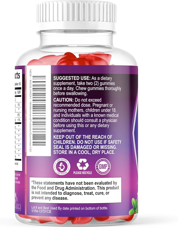 Nature's Nutrition Probiotics for Women Gummies with Cranberry - 6 Premium Strains for PH Balance, Digestive Health, Vaginal & Immune Support, Women's Probiotic Gummy for Feminine Health - 120 Gummies