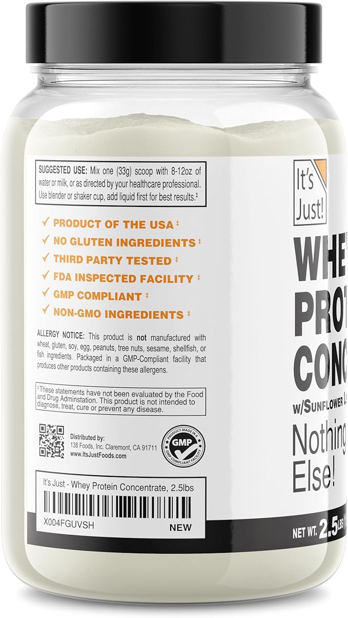 It's Just! - 100% Whey Protein Concentrate, Made in USA, Premium WPC-80, No Added Flavors or Artificial Sweeteners (2.5 Pound, Unflavored)