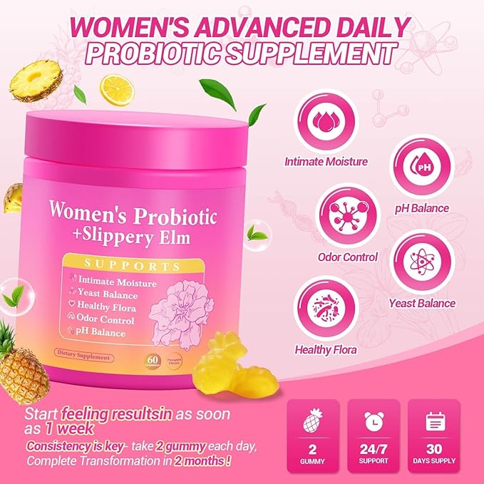 Her Juicy Feminine Probiotics Gummies, Premium Feminine Balance Gummies with Slippery Elm for Women's pH Balance, Healthy Odor, Flora and Immune Support – 60-Day Supply