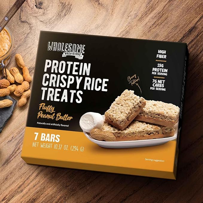 Protein Crispy Rice Treats, 15g Protein, 3g-7g Net Carbs, Low Carb, Fluffy, Soft, Chewy, Gluten Free, High Fiber, Keto-Friendly, No Aftertaste (Fluffy Peanut Butter, 1 Pack)