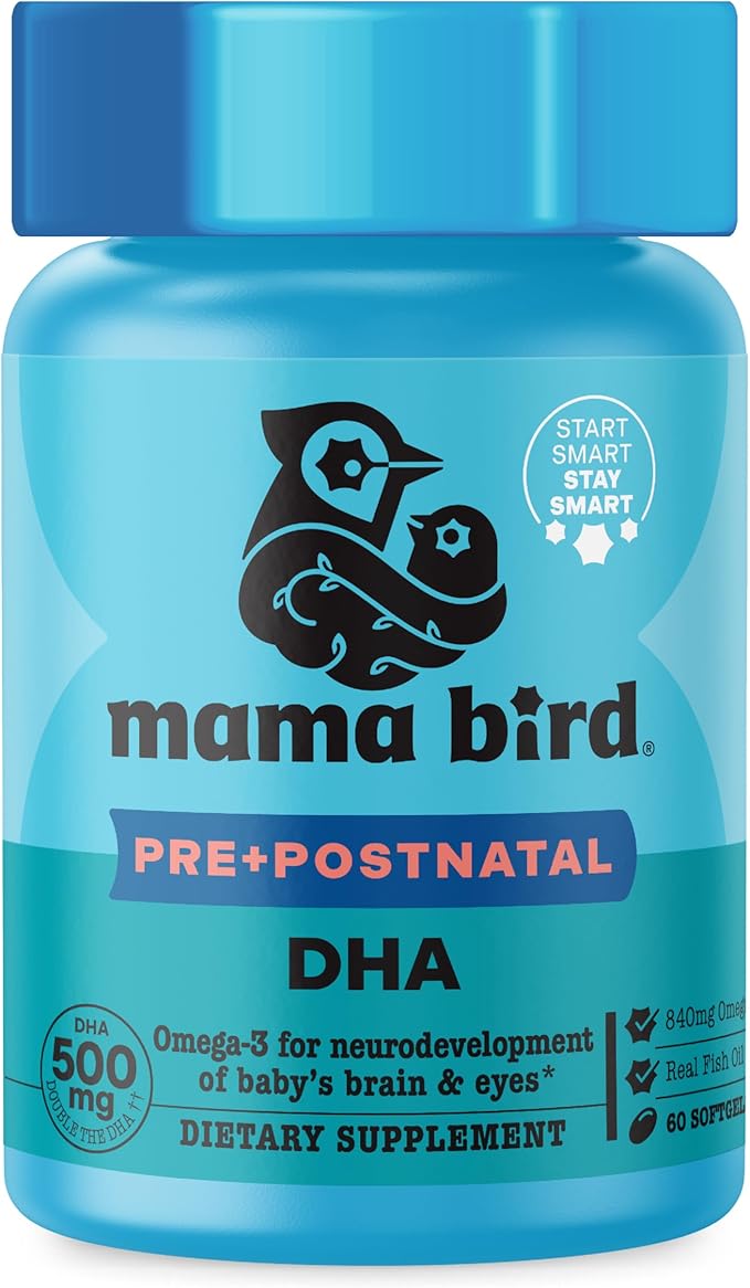 Best Nest Wellness Mama Bird - Pre+Postnatal DHA (30 Servings) Omega 3 Fish Oil 500mg DHA - Lemon-Infused Softgels - Mom & Baby Brain Health - Post+Prenatal Vitamins for Women - Gluten Free, Non GMO