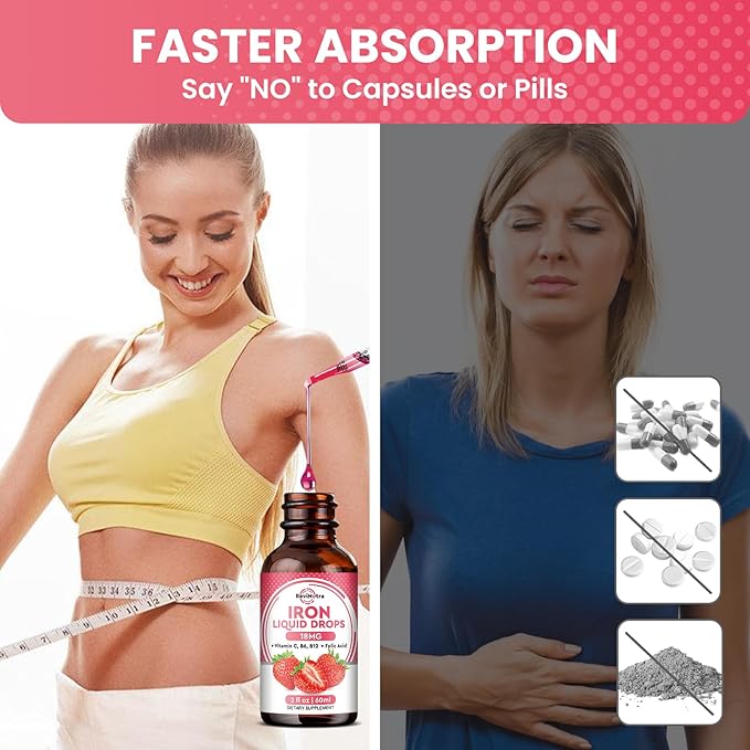 2 Pack Liquid Iron Supplement for Women, Men & Kids - Liquid Iron Drops with Folate, Vitamin C, B6, B12 for Anemia, Red Blood Cell, Energy Support - Strawberry Flavor