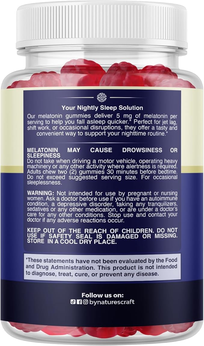 Melatonin Gummies 5mg for Peaceful Nights - Easy to Chew Sleep Gummies for Adults - Helps Support Circadian Rhythm - Delicious Strawberry Flavor - Non-Habit Forming Sleep Aid - Gelatin Free - 60 Count