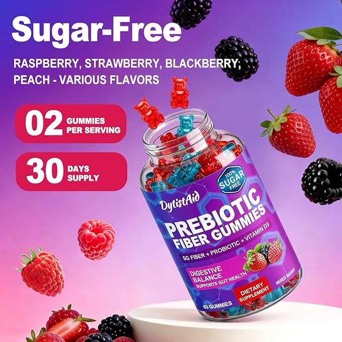 Prebiotic Fiber Gummies, 5g Fiber per Serving, 2 Billion CFU Bacillus Coagulans + Vitamin D3, Sugar Free Pectin Mixed Berry Gummies, Inulin (FOS) + Acacia + Apple Pectin, 60 Gummies (30 Servings)