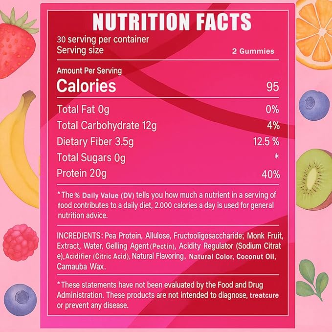 OAKA Protein Gummies, 20g Protein per Serving, Support Hair, Skin, Nails Health, Boost Energy, Protein Supplement for Women Men, Zero Sugar, Vegan, Mixed Berries Flavor, 60 Gummies