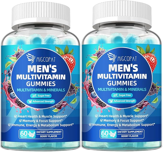 Migcopat 2-Pack Multivitamin for Men, Mens Multivitamins Gummies w/Omega-3, Probiotics, Inositol, Folate, Male Support Blend, Vitamins A, C, D, E, B - Support Heart, Brain, Muscle, Energy, Sugar-Free