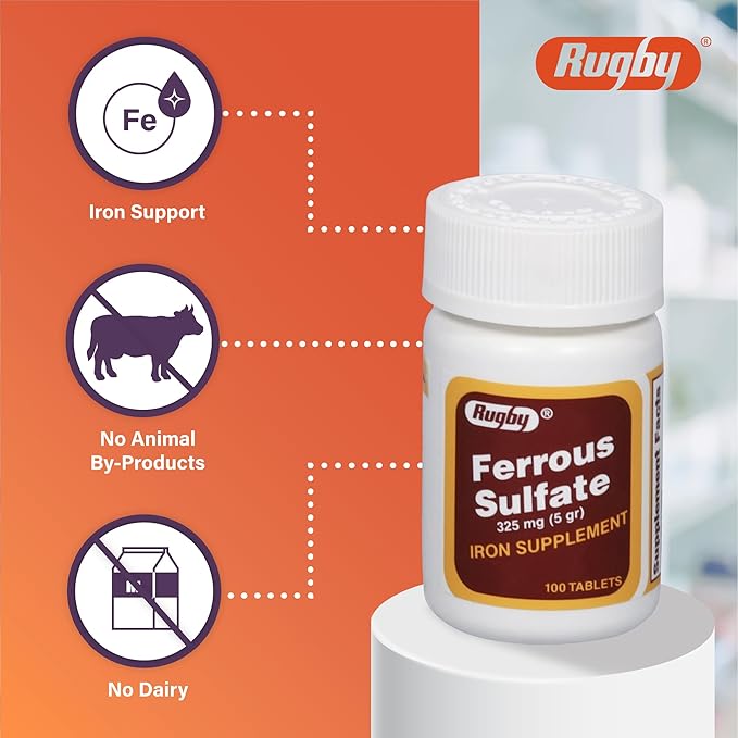 Rugby Ferrous Sulfate 325mg Tablets - Iron Supplement for Women and Men - 100 Count (3 Pack)