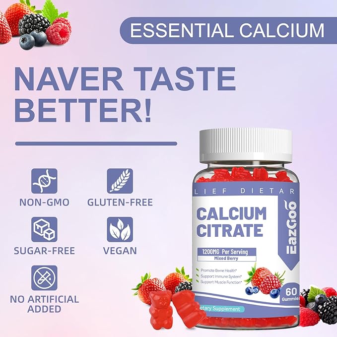 2 Pack Calcium Citrate Gummies, Chewable 1200mg Calcium Gummies for Women & Men, Calcium Supplement for Muscle & Immune Support, High Absorption, Sugar Free, Mixed Berry Flavor, 120 Count