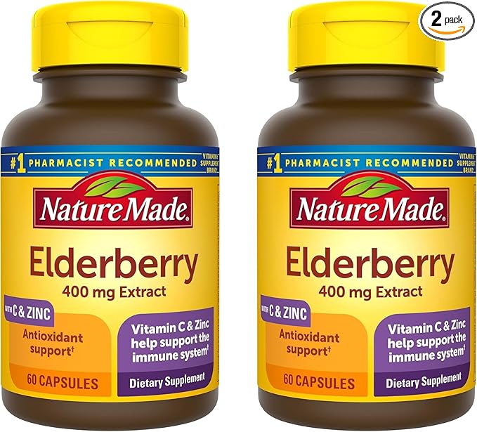Nature Made Elderberry 400 mg Extract with Vitamin C and Zinc, Dietary Supplement for Immune Support, 60 Capsules, 60 Day Supply (Pack of 2)