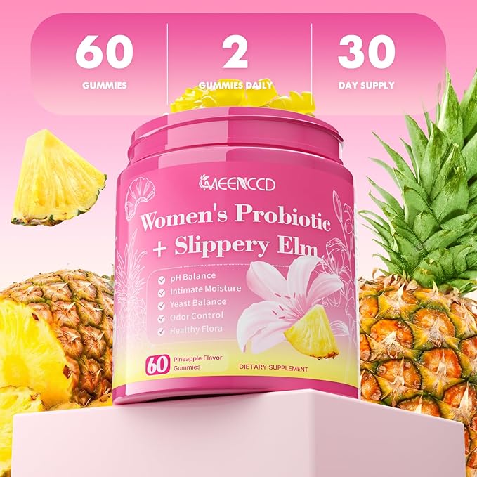 Her Juicy Feminine Probiotics Gummies with Slippery Elm & Lactobacillus Blend, Supports pH Balance & Immune Function, Promotes Vaginal Wellness, Pineapple Flavor, 60 Count