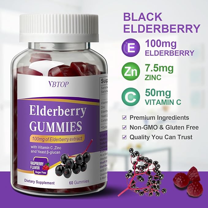 5-in-1 Sambucus Elderberry Immune Gummies, Daily Immune Support for Adults & Kids 4+, with Vitamin C, Zinc, Gluten Free, Vegetarian, Natural Sugar-Free Elderberry Supplement, 120 Gummies