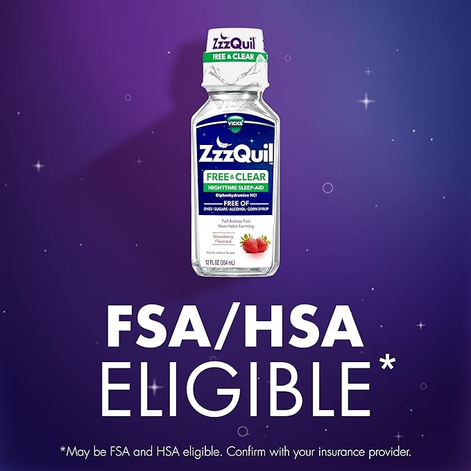ZzzQuil Liquid Sleep Aid, Diphenhydramine 50mg HCI, Free & Clear, Free of Alcohol and Artificial Dyes, Nighttime Sleep Aid Liquid, Non-Habit Forming, Strawberry Flavored, 2 Pack, 24 FL OZ