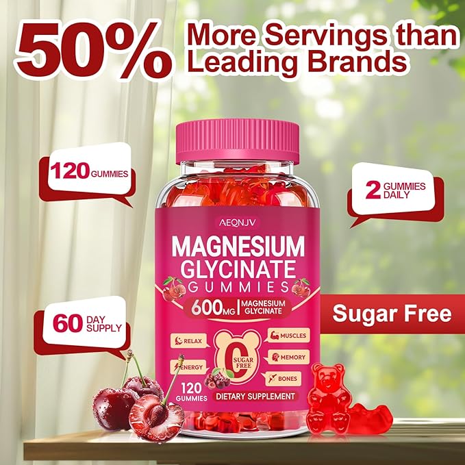 Magnesium Glycinate Gummies 600mg, Chewable Sugar Free Magnesium L-threonate Gummies with Vitamin D, B6, and CoQ10 for Sleep, Relaxation, Brain and Muscle, 60 Days Supply for Men & Women