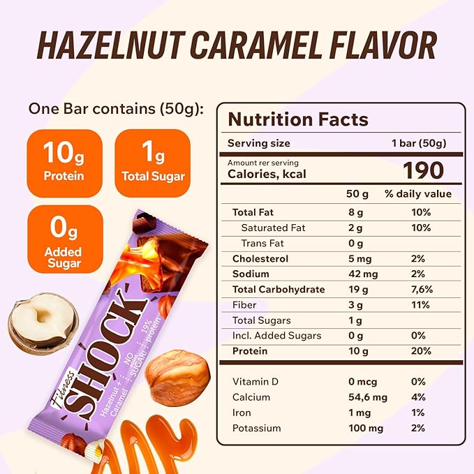 Fitness SHOCK Protein Bars Variety Pack - No Added Sugar, Low Calorie Low Carb Snack - Peanut Salted Caramel, Hazelnut Caramel, Coconut - 180 Kcal, 0g Added Sugar, 8g Fat, 13g Net Carbs - 12 x 50g