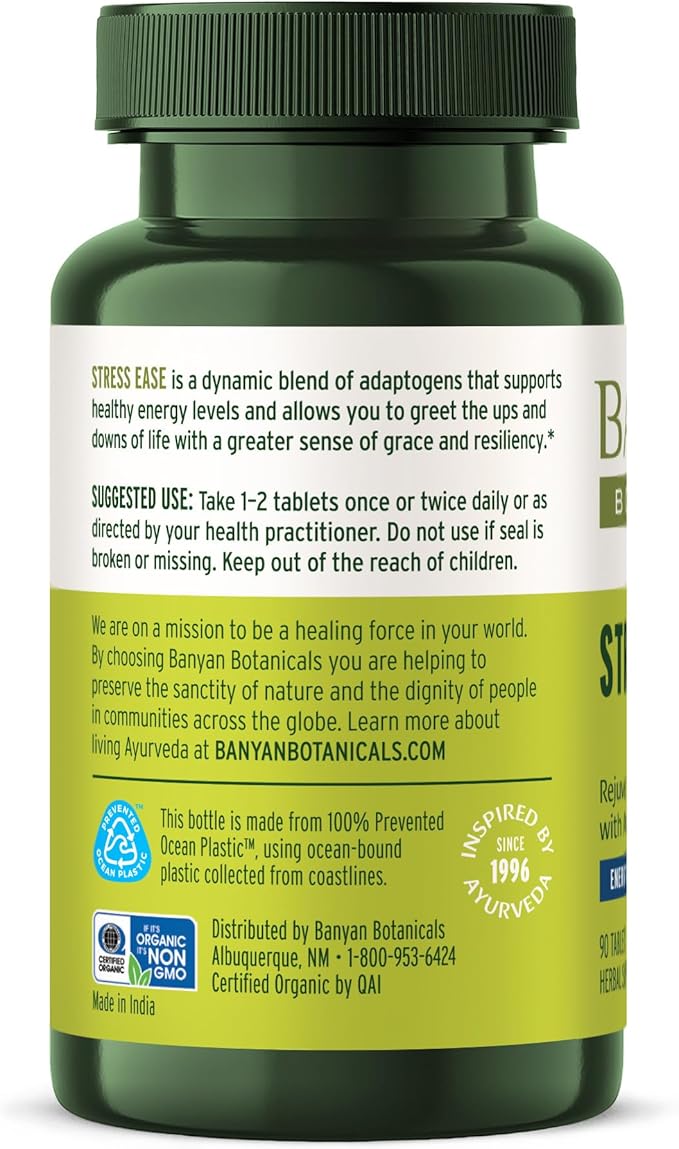 Banyan Botanicals Organic Stress Ease – Adrenal Support & Resilience Supplement – Ashwagandha & Shatavari for Fatigue & Nervous System Balance – 90 Tablets – USDA Organic