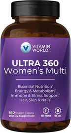 Vitamin World Ultra 360 Multivitamin for Women, Women's Multivitamin with Herbs & Collagen for Hair, Skin & Nails, Supplement with Iron, Vitamin A, B, C, D, E for Energy & Immune Support, 180 Caplets