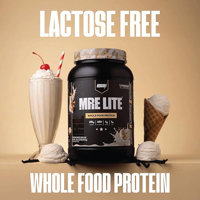 REDCON1 MRE LITE Whole Food Protein Powder, Vanilla Milkshake - Lactose Free & Sugar Free Meal Replacement with Animal Protein Blends - Easy to Digest Formula - Only 1g Carb per Serving (30 Servings)