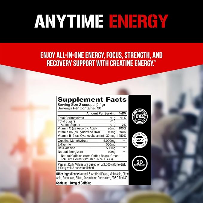 Evlution Nutrition Creatine Energy - Supports Muscle Growth, Boosts Energy, Endurance & Cognition - 5g Pure Creatine Monohydrate Per Serving - B + C Vitamin Complex - 30 Servings - Fruit Punch