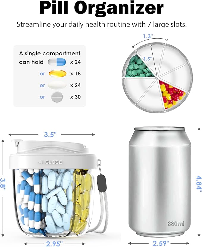Cute Pill Organizer,Pill Dispenser with 7 Large Compartments,Portable Pill Bottle Box with Wide Opening for Easy Use, Anti-Mix Pills Organizer for Travel,Includes 20 Pcs Sticky Labels(Gray)