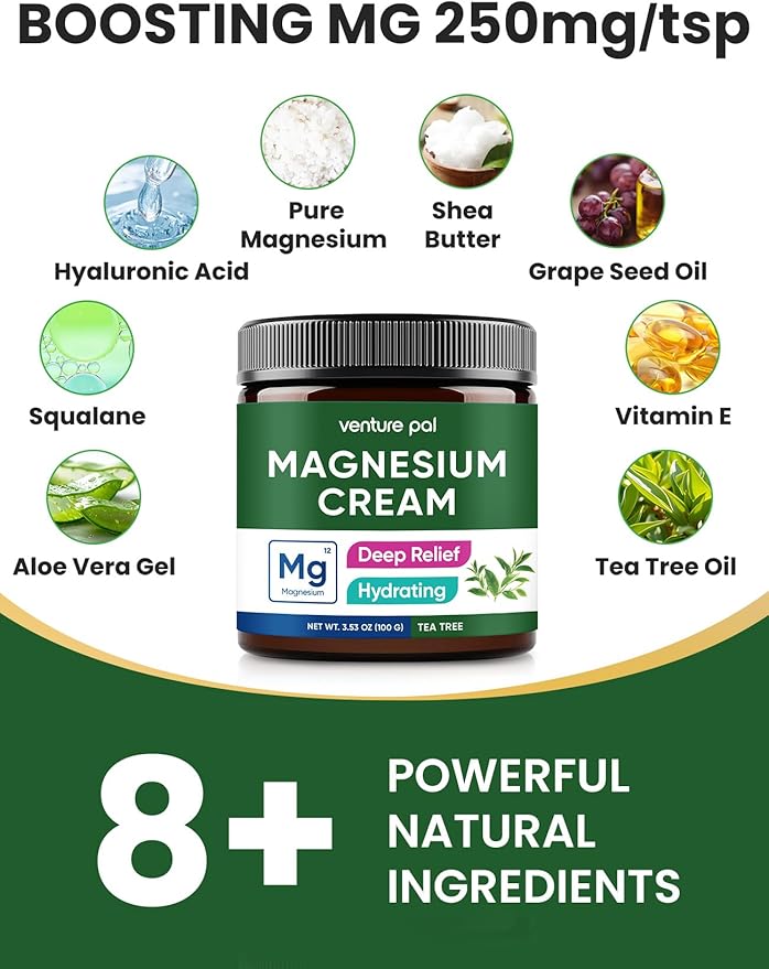 Venture Pal Topical Magnesium Cream, Fast-Absorbing Magnesium Moisturizing Lotion with Coconut Oil, Shea Butter & Hyaluronic Acid, Suitable for Kids