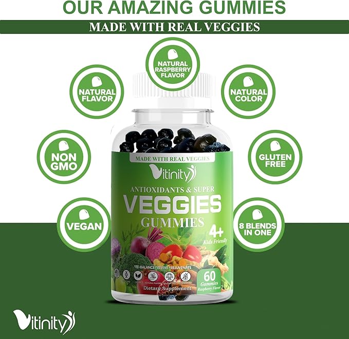 VITINITY Super Greens Multivitamin Gummies | Made with 30 Real Superfood Veggies, Herbs, Fruit for Adults & Kids to Boost Immunity, Skin & Gut Health | Non-GMO, Gluten-Free & Sugar-Free 30-Day Supply