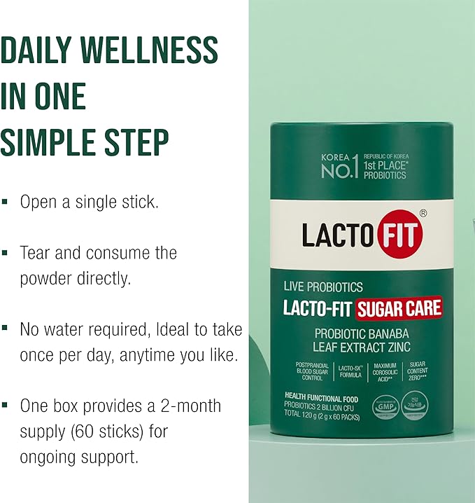 Lacto Fit Daily Balance Probiotic Sticks with Zinc & Banaba Leaf Extract, 60 Single Serve Sachets, Digestive and Wellness Support Supplement, Convenient Daily Powder Sticks, Korean Formula