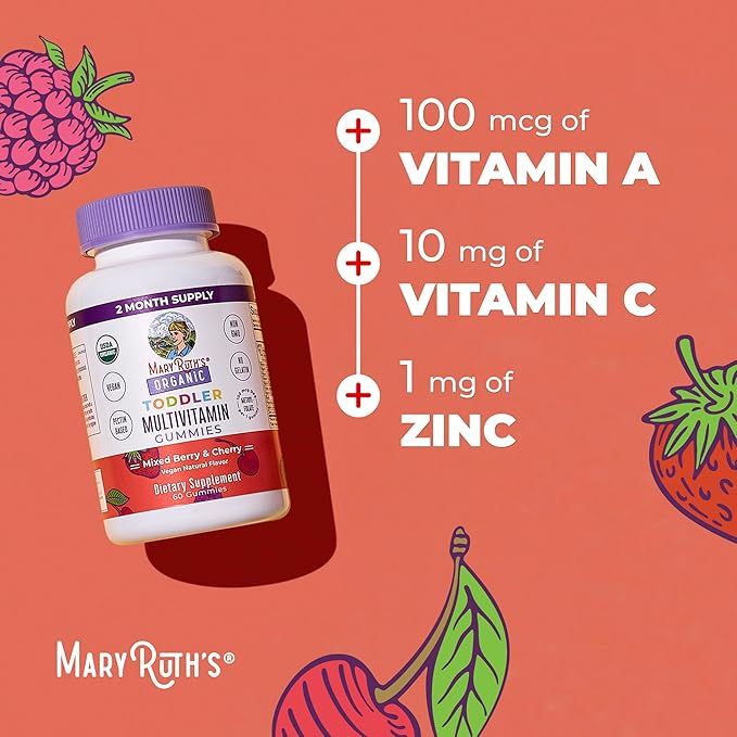 MARYRUTH'S Organic Toddler Multivitamin Gummies | Ages 4+ | Vitamin A, C, D, E, B6, B12, Biotin, Iodine, Zinc | Immunity | Bone & Teeth Health | Skin & Vision Support | Vegan | Gluten Free | 60 Count