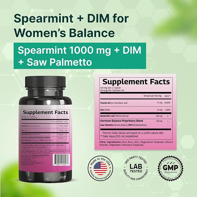 VINATURA Spearmint Leaf Capsules Supplement - Enhanced with DIM & Saw Palmetto, for Unwanted Hair, Women' Health & Skin *USA Made & Tested* - 1380mg/serving, 60 Capsules (30 Servings)