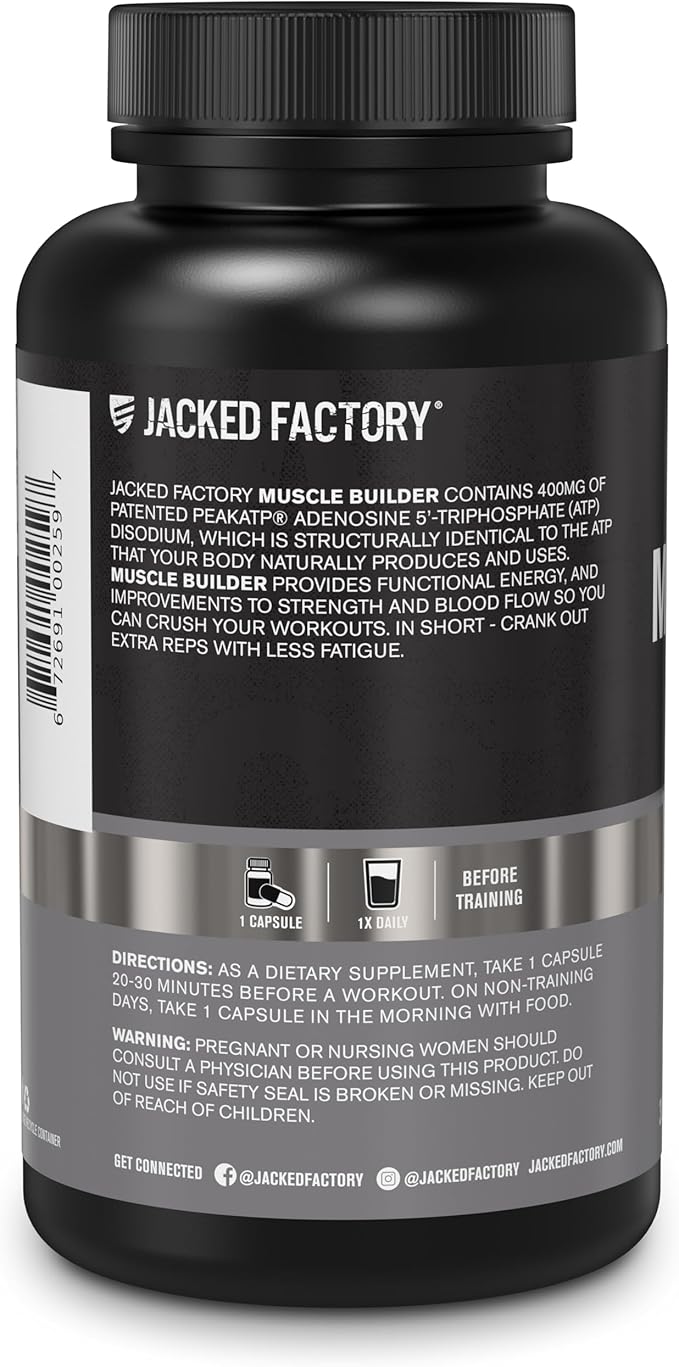 Jacked Factory Essentials Muscle Builder - ATP Muscle Builder for Men with Peak ATP to Support Muscle Gain, Enhance Athletic Performance, & Increase Strength - 30 Capsules