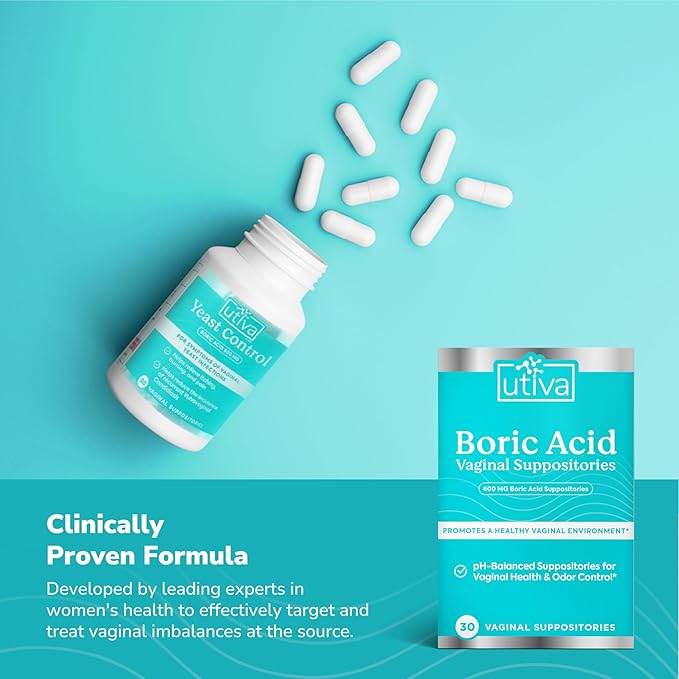 Szio+ Utiva Boric Acid Suppositories for Women - pH Balance - Feminine Care - 600mg Boric Acid to Lower pH and Support Vaginal Health, BV Treatment for Women, 30 Vaginal Suppositories