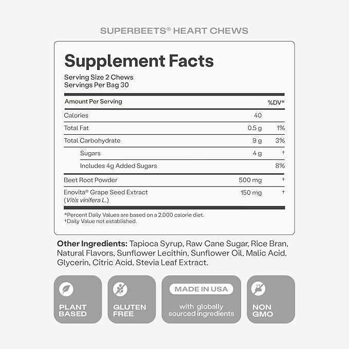 Humann SuperBeets Heart Chews, Beet Root Powder Support Energy Supplement, Nitric Oxide and Blood Pressure Support, Grape Seed Extract & Non-GMO, Heart Health, Pomegranate Berry Flavor, 60 Count