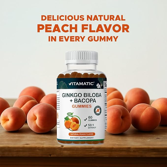 Vitamatic Ginkgo Biloba & Bacopa Gummies – Plant-Based Botanical Extract – Natural Peach Flavor – Vegan, Non-GMO, Gluten-Free – Herbal Supplement – 60 Count
