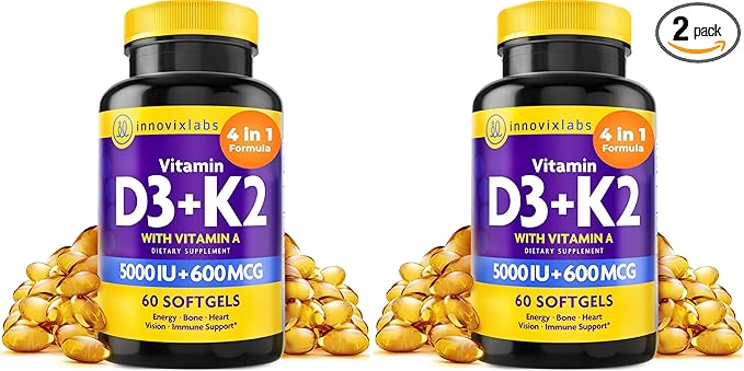 InnovixLabs Vitamin D3 K2-5000 IU Vitamin D3 Plus 600 mcg Vitamin K2 MK4 and MK7 for Max Calcium Absorption, Supports Bone, Immune, Heart Health, 3rd Party Tested, Gluten Free, 60 Softgels (Pack of 2)