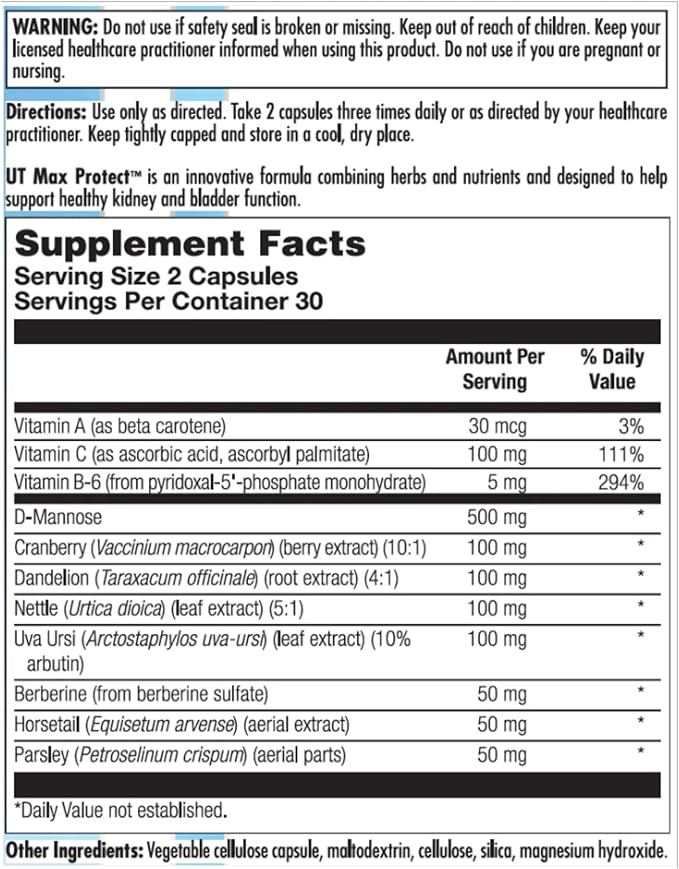 Nutra Biogenesis UT Max Protect - D Mannose Supplements for Women, Cranberry Pills for Urinary Tract Cleanse & Bladder Health, 500mg D-Mannose Per Serving - 60 Veggie Capsules