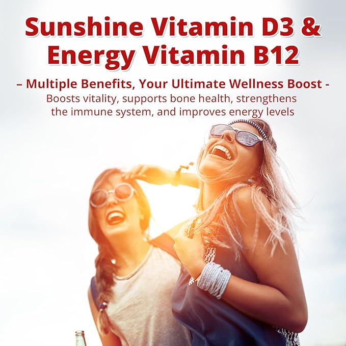 NEVISS Vegan Vitamin D3 + Vitamin B12 Gummies, High Potency D3 5000IU & 1000 mcg Methylated B12, Vitamin D3 and B12 for Adults, Support Bone Health, Immune & Energy Supplement, 60 Count