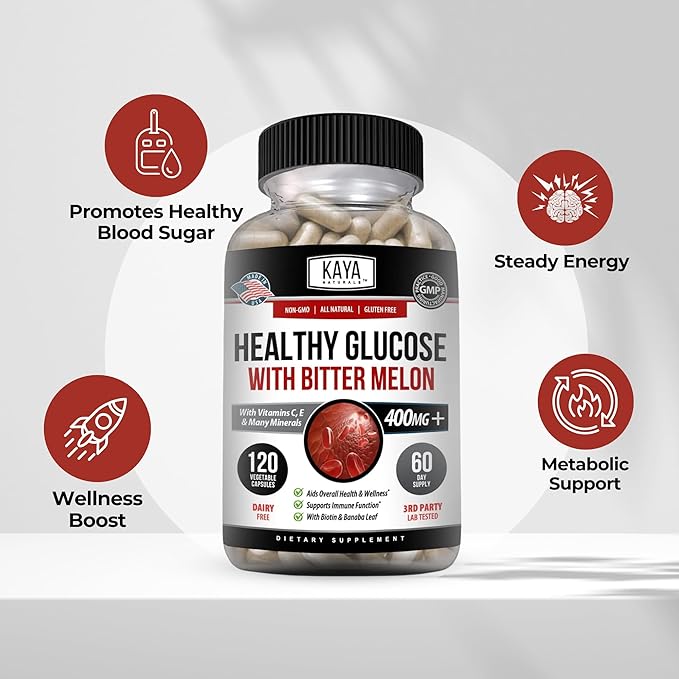 Kaya Naturals Healthy Gluco with Bittermelon Supplement | Support Healthy Levels and Function, 20 Herbs Vitamins and Minerals, Alpha Lipoic Acide, Cinnamon, Vitamin C & E, Non-GMO (120 Count)
