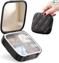 Betife Travel Pill Organizer for Purse, Small Cute Pill Box with Mirror, 4 Large Compartment Pill Case, Waterproof Medicine Container, Portable Faux Leather Vitamin Case BPA-Free (Classic Black)