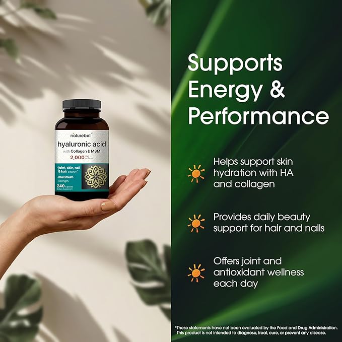 NatureBell Hyaluronic Acid 2,000mg with Collagen & MSM - 240 Capsules - Skin Hydration, Hair, Nail & Joint Support - Water Soluble Formula for Easy Absorption* - Non-GMO & Gluten-Free