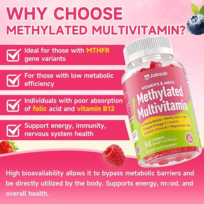 Methylated Vitamin B Complex Gummies for Women & Men, Multivitanins Gummy with Vitamin A, C ,E, Methylfolate & B12, TMG, Calcium, D3 K2, Magnesium & More for Overall Health-Vegan, Sugar Free, 60 Cts
