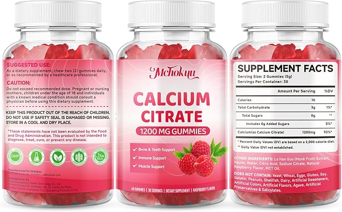 Calcium Citrate Gummies 1200mg Chewable Calcium Supplement for Women & Men, Supports Bone, Muscle & Immune Health, Sugar-Free, Non-GMO, Gluten-Free, Natural Raspberry Flavor, 60 Count