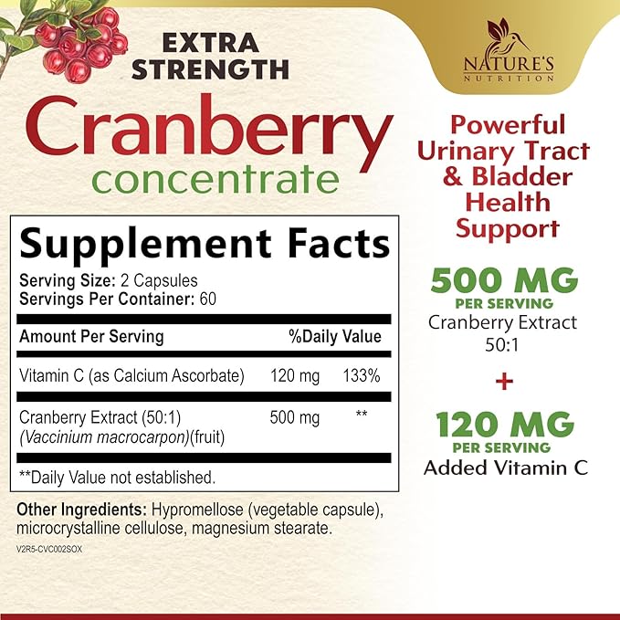 Cranberry Extract Pills Supplement - 500mg Per Serving Cranberry Extract with Vitamin C - Urinary Tract Health Support, Sugar Free Formula, Fruit Powder Extract - Bottled in USA - 120 Capsules
